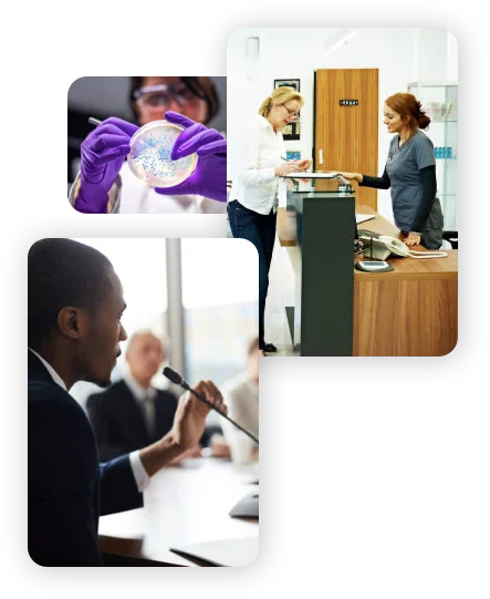 group of photos - lab technician peering into a petrie dish. A man speaking into a microphone at a meeting. A patient signing in at the front desk of a medical facility.